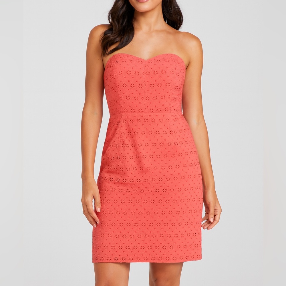 New J. Crew Coral Pink‎ Eyelet Lace Sweetheart Strapless Dress 2